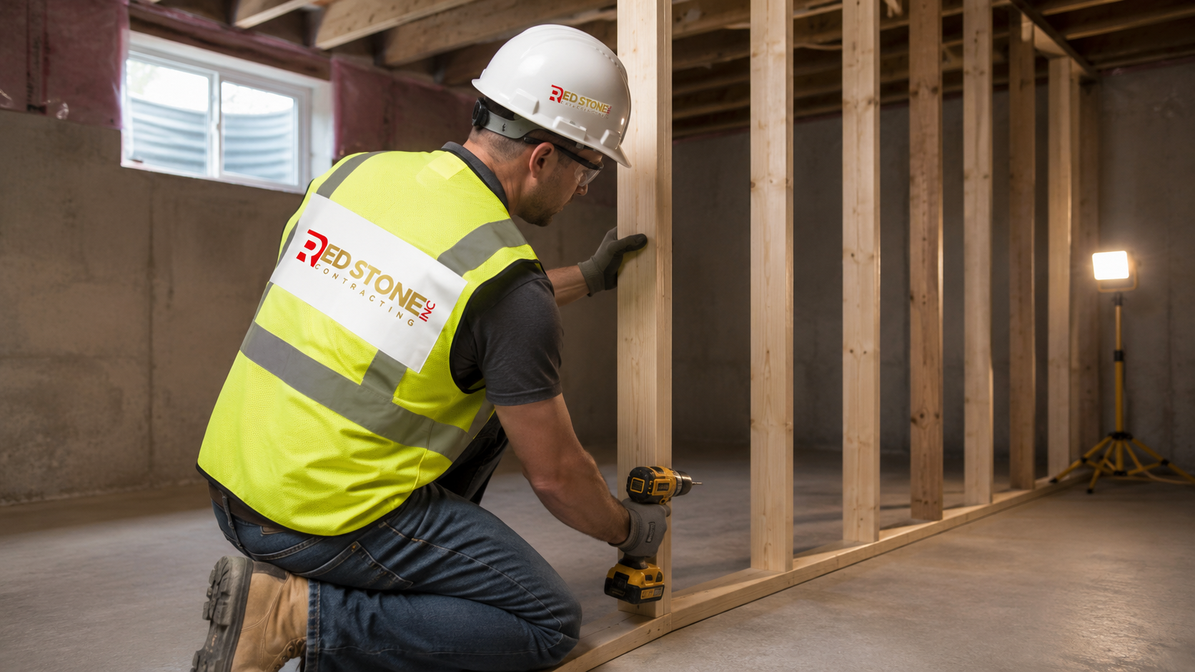 Tradesperson framing a stud wall during a basement renovation Burlington homeowners commissioned
