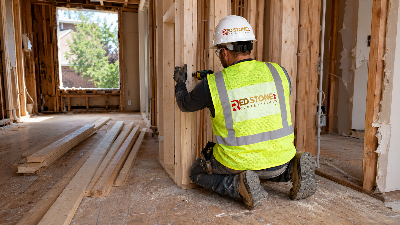 Carpenter framing an interior wall during a home renovation Halton Hills project in summer