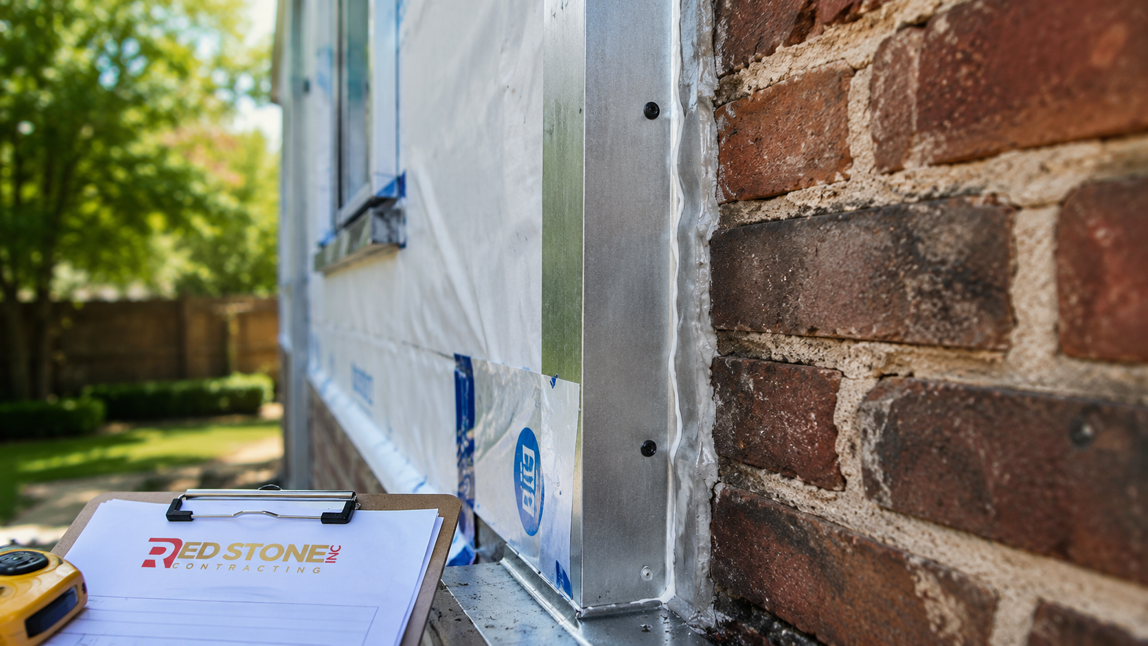 Close view of the sealed joint where a new addition meets the original brick wall on an Oakville home
