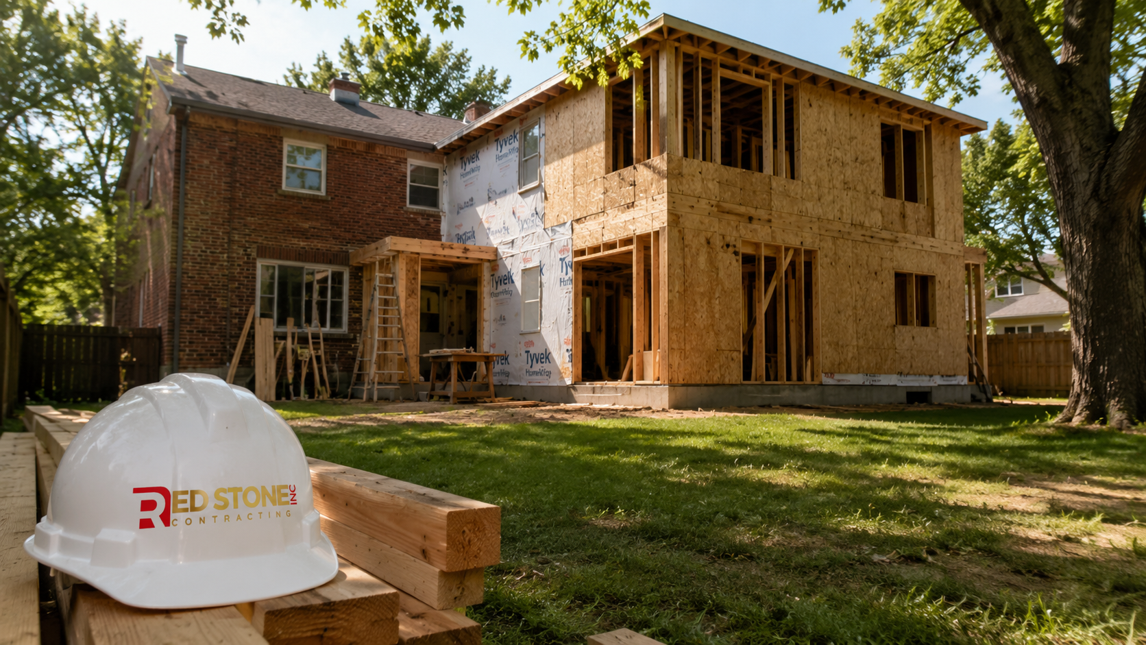 Two storey rear addition framed onto a brick home during home additions in Oakville