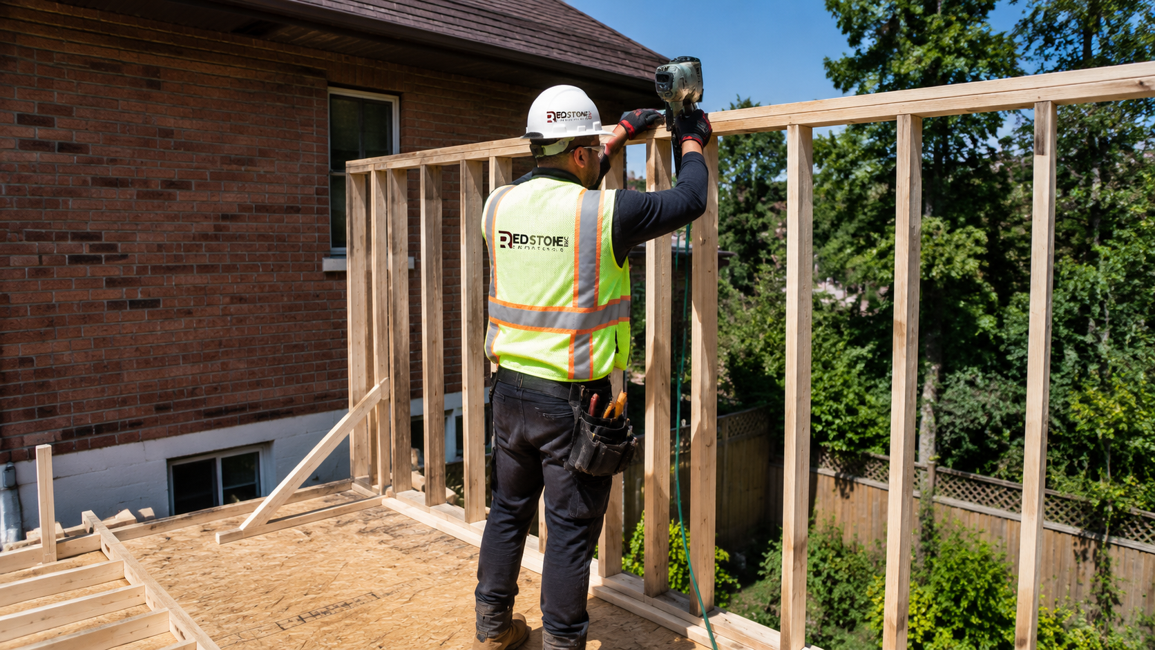 Carpenter in full safety gear framing an exterior wall during home additions in Oakville
