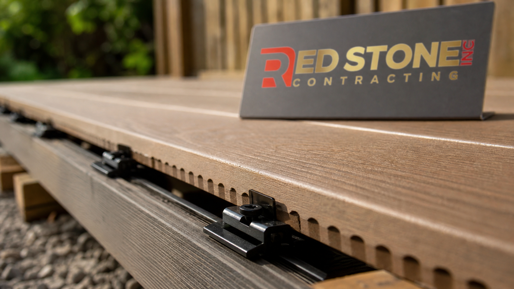Close-up of premium composite decking boards and fasteners with a small Red Stone Contracting sign placard