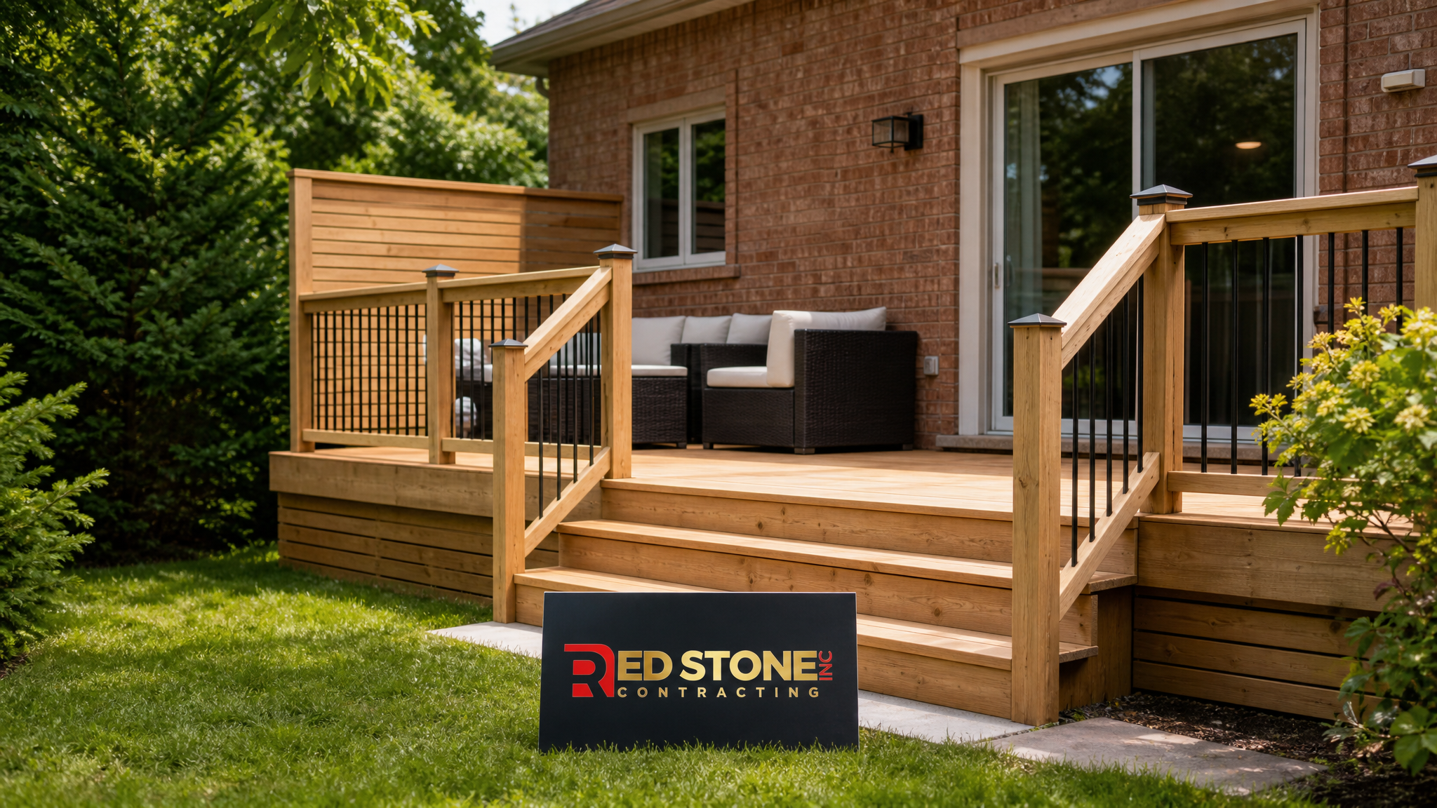 Wide establishing shot of a newly built wood deck in a Toronto backyard during summer with a small Red Stone Contracting sign placard