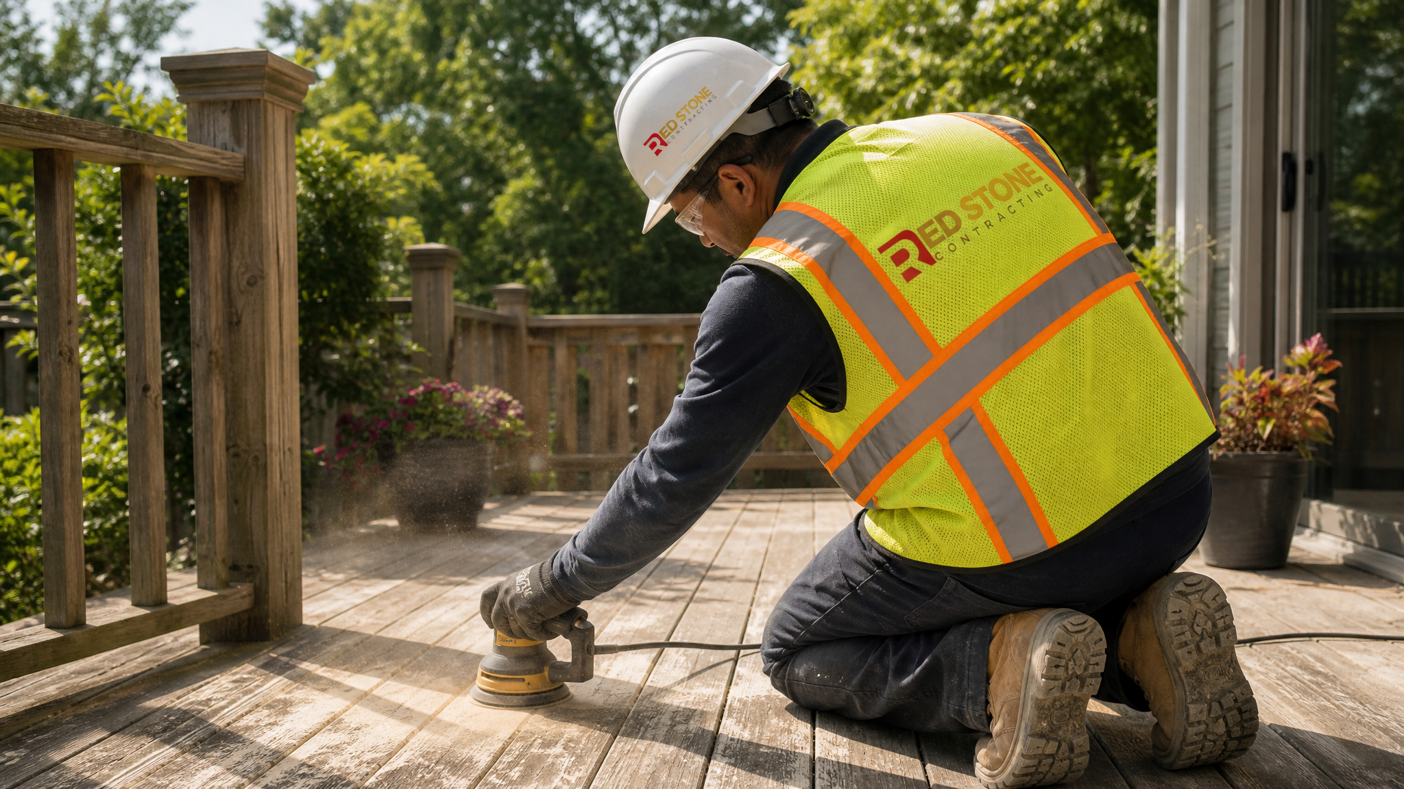 Tradesperson in full safety gear sanding deck boards during a Toronto deck refinishing project