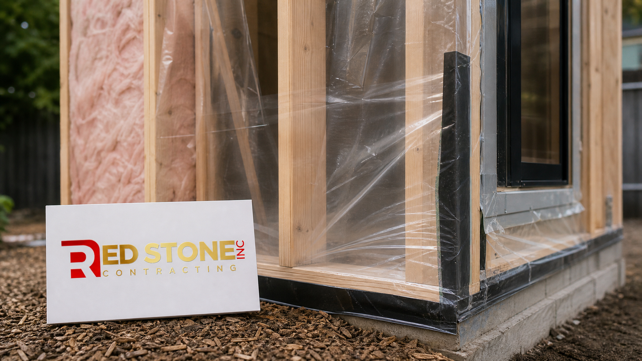 Close-up of insulation and framing detail inside a backyard shed studio build