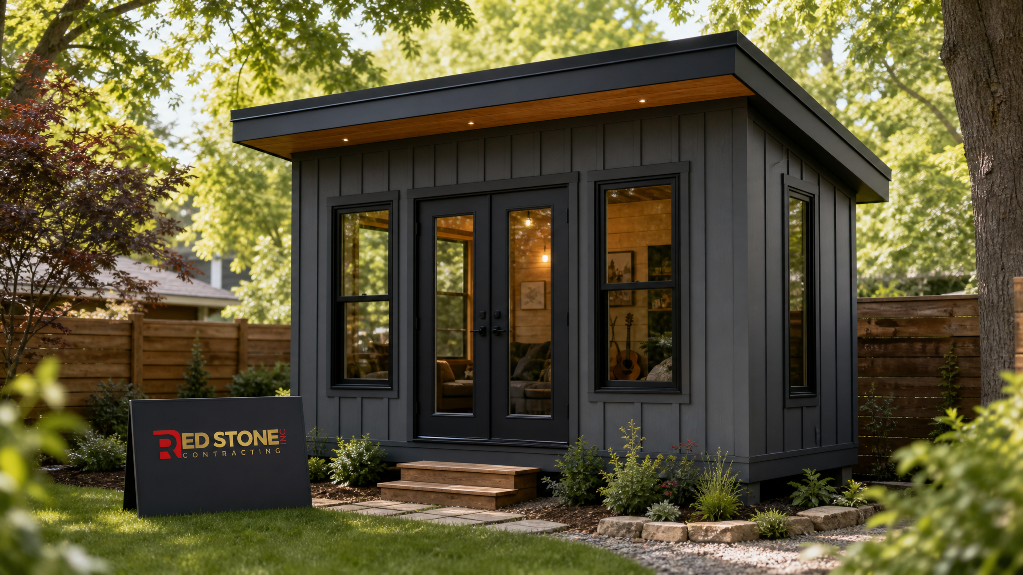 Wide establishing shot of a finished backyard shed studio in a Toronto suburban yard on a sunny summer day