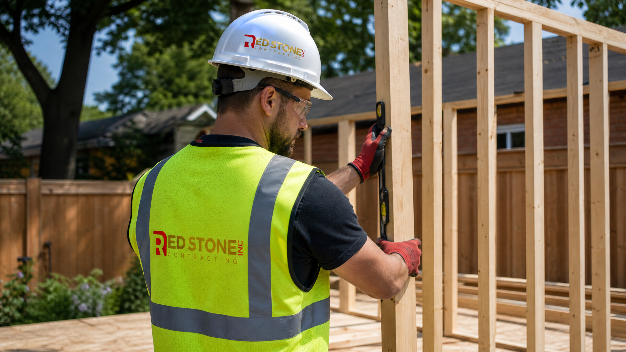 Tradesperson in full safety gear framing the wall of a backyard studio build in Toronto