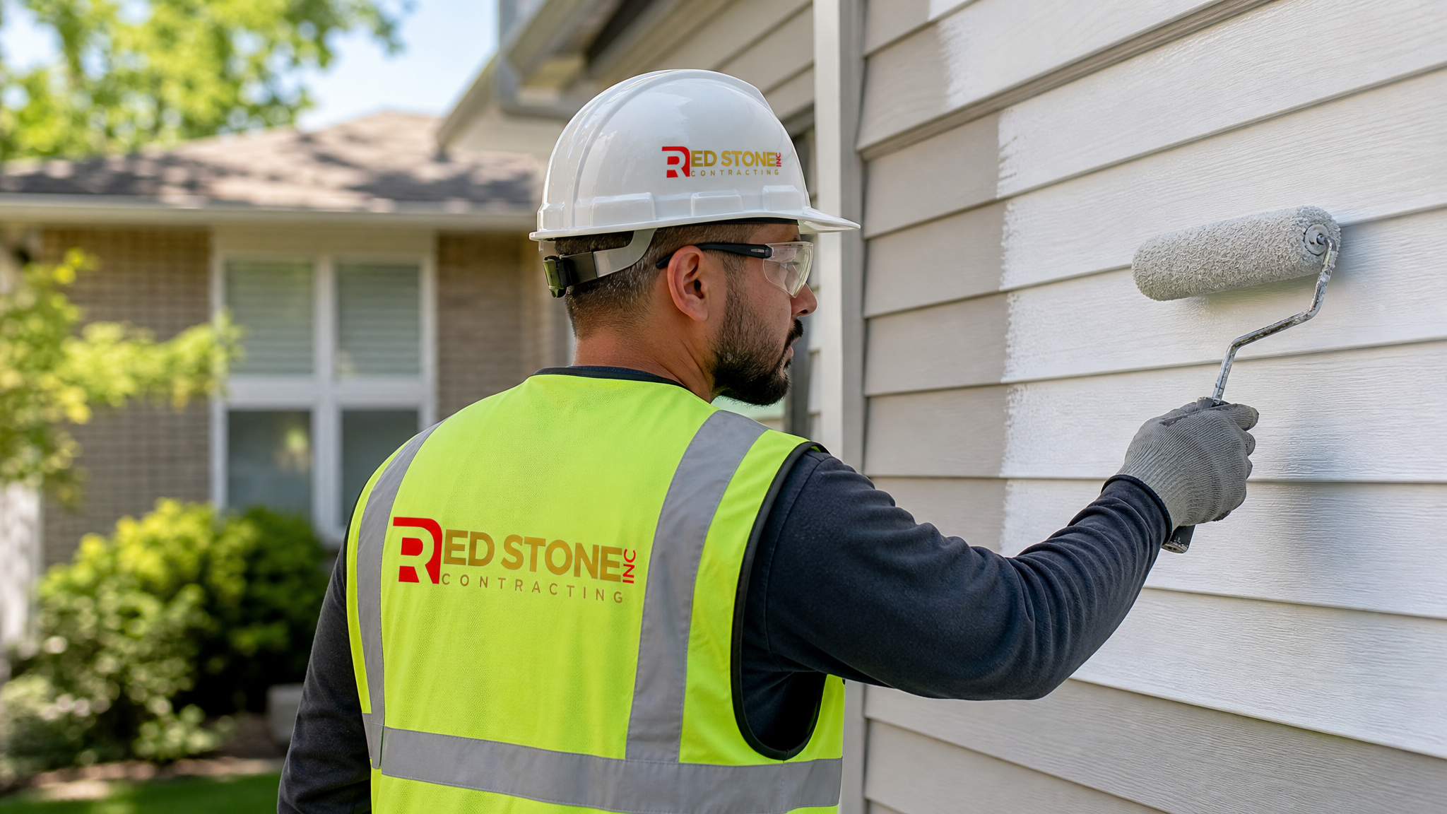 Tradesperson in full safety gear applying exterior paint to a home during a Toronto exterior painting vs siding replacement toronto project