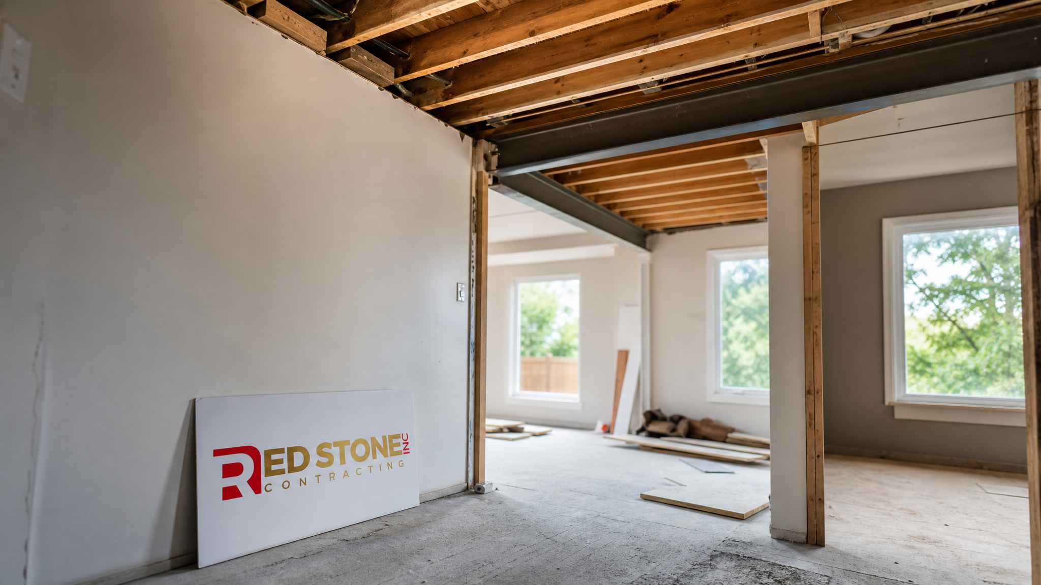 Wide establishing shot of a Toronto home interior mid-renovation showing an open framed ceiling ready for structural beam installation