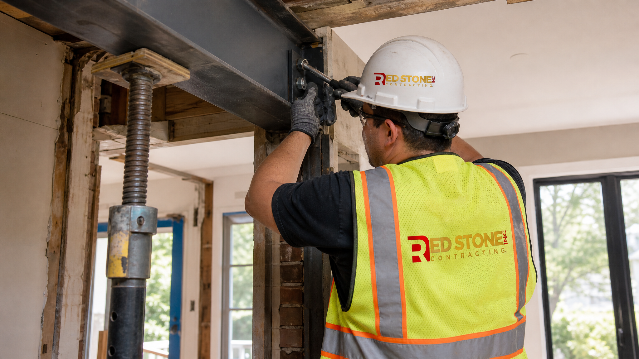 Tradesperson wearing full safety gear installing a structural beam in a Toronto home renovation