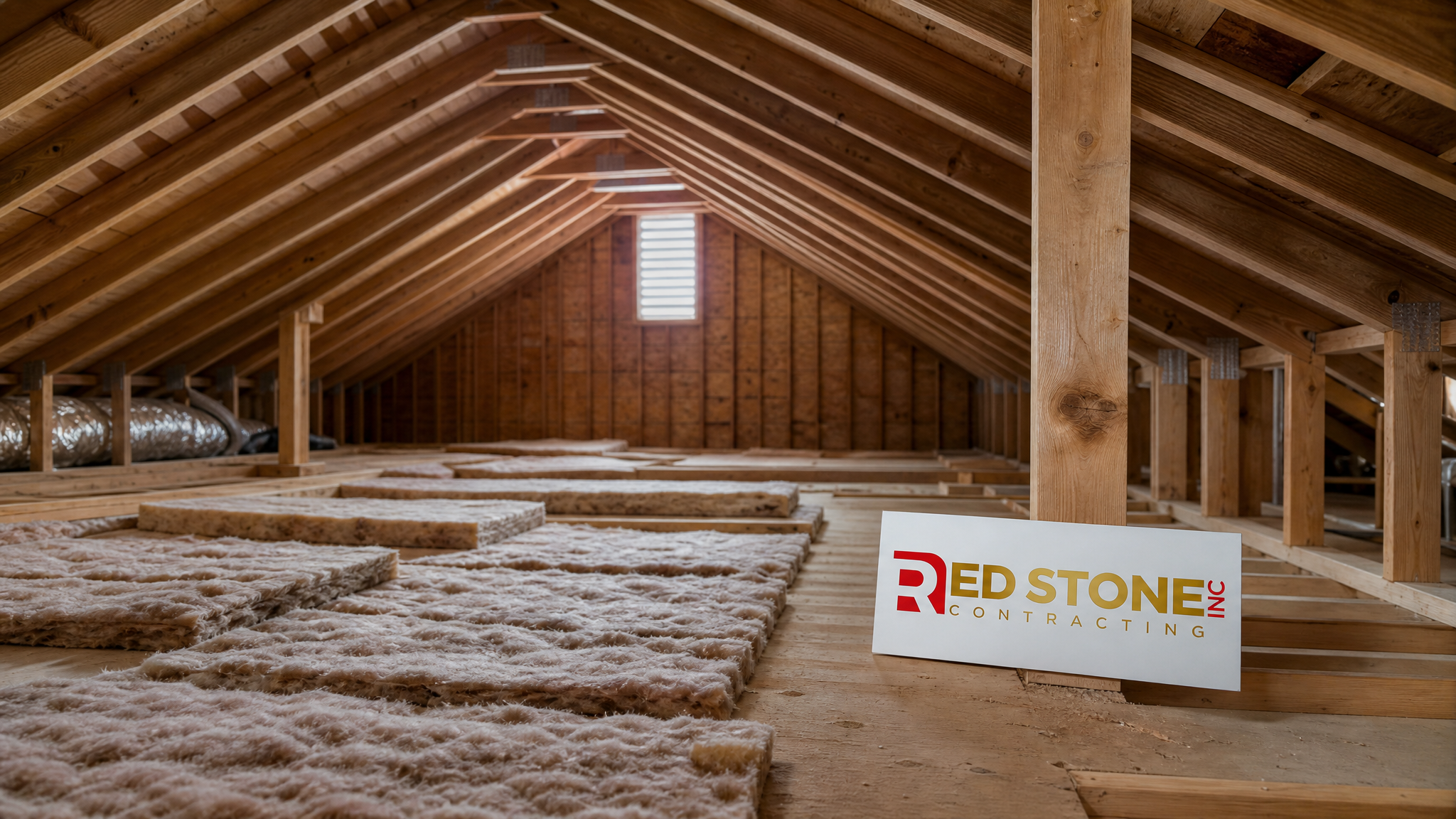 Wide establishing shot of a Toronto suburban attic space prepared for an attic insulation upgrade with a small branded Red Stone Contracting sign placard nearby