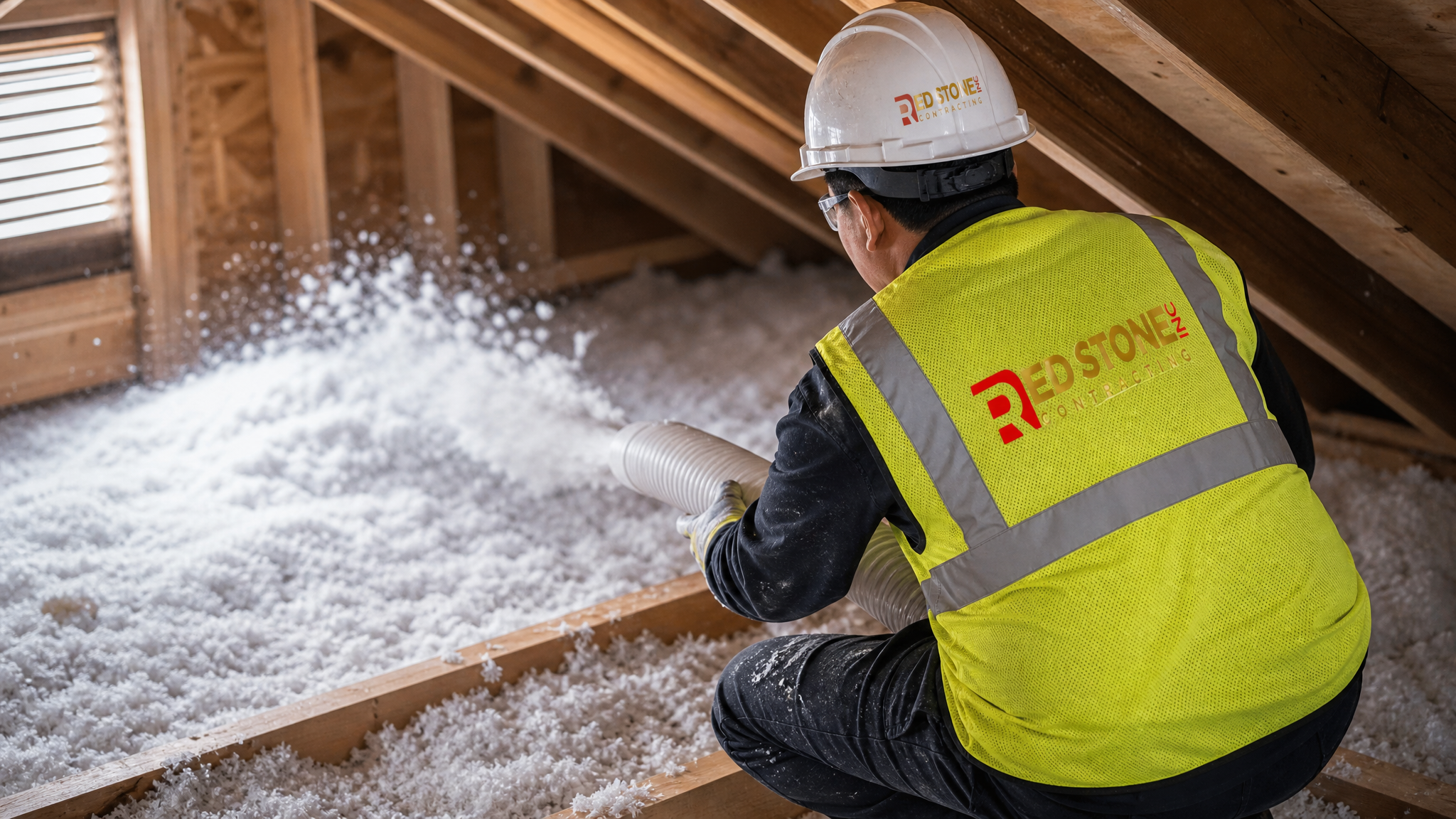 Tradesperson in full safety gear installing blown-in insulation in a Toronto attic during a summer insulation upgrade