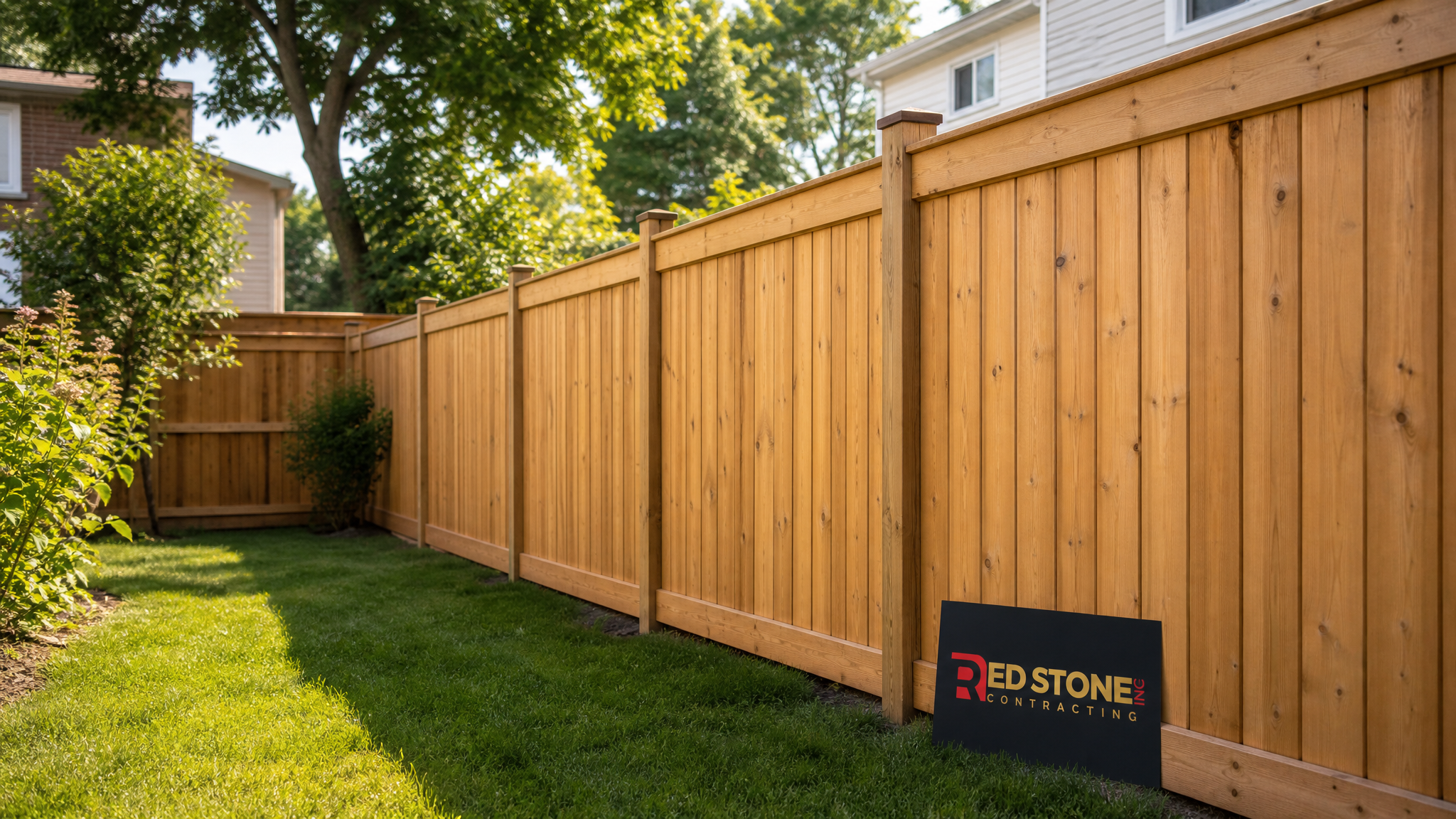Wide establishing shot of a Toronto backyard fence line along a property boundary in summer daylight