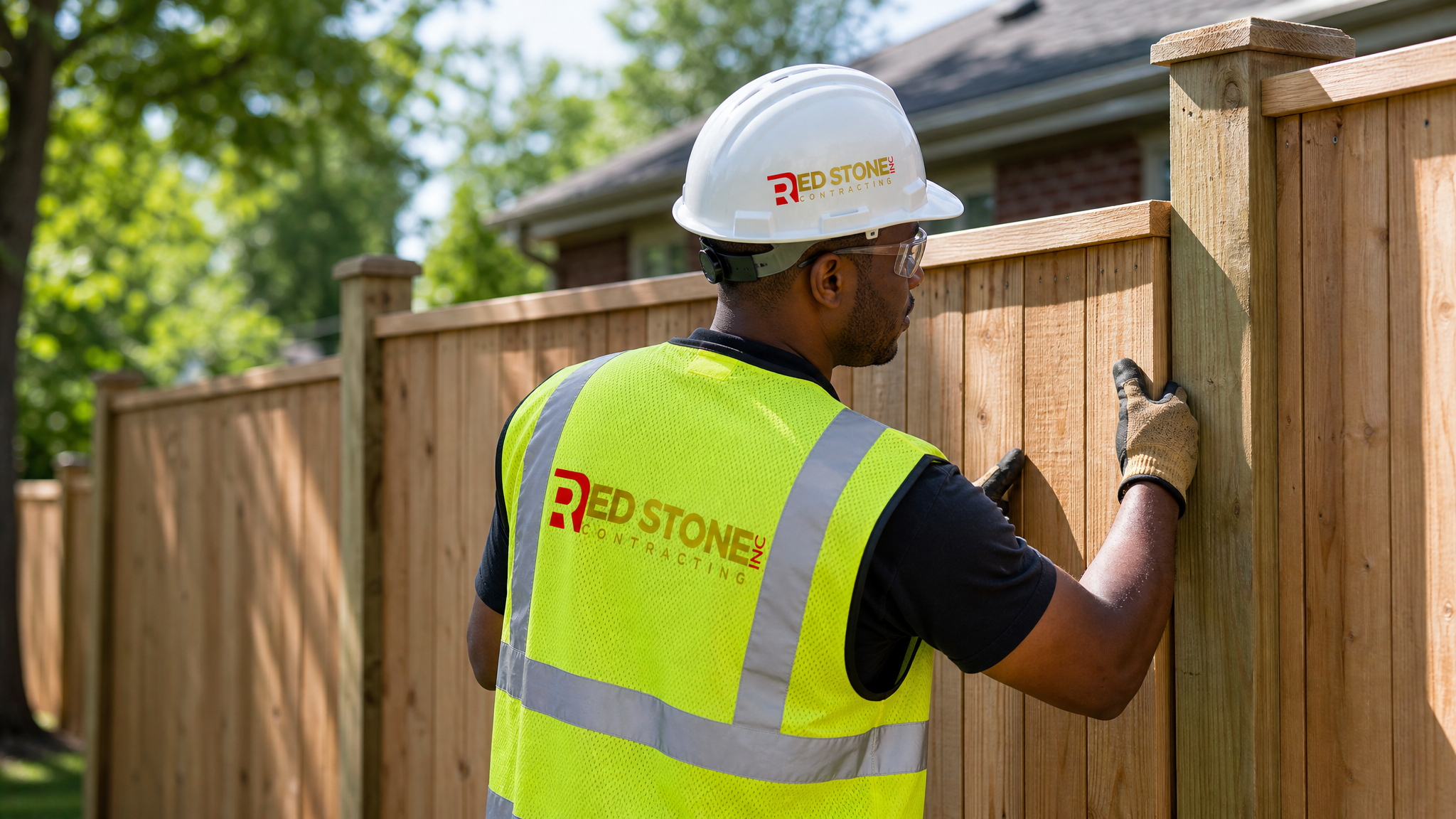 Tradesperson in full safety gear installing a wood fence panel along a property line