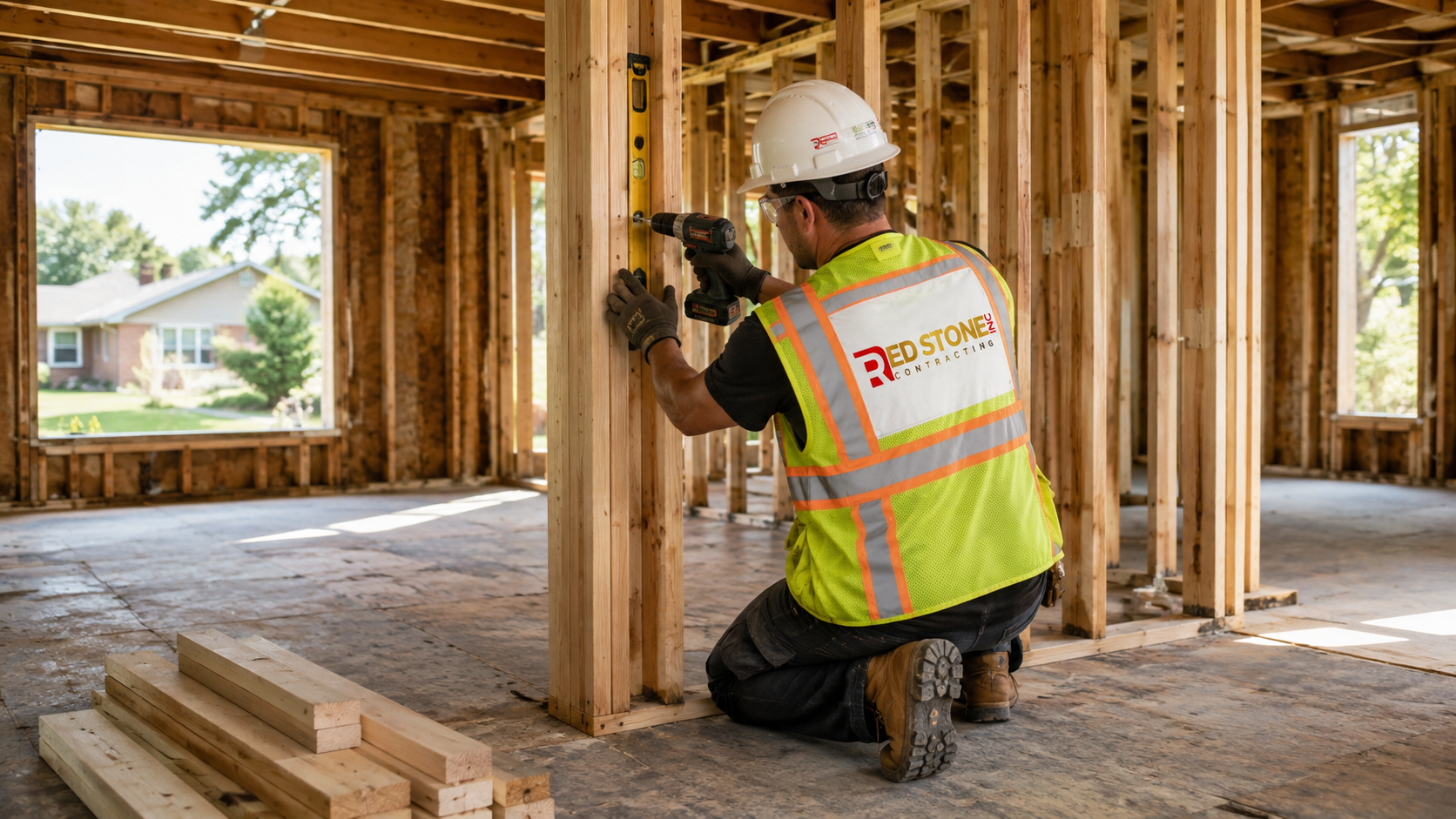 Tradesperson in full safety gear framing an interior wall during a home renovation in York Region