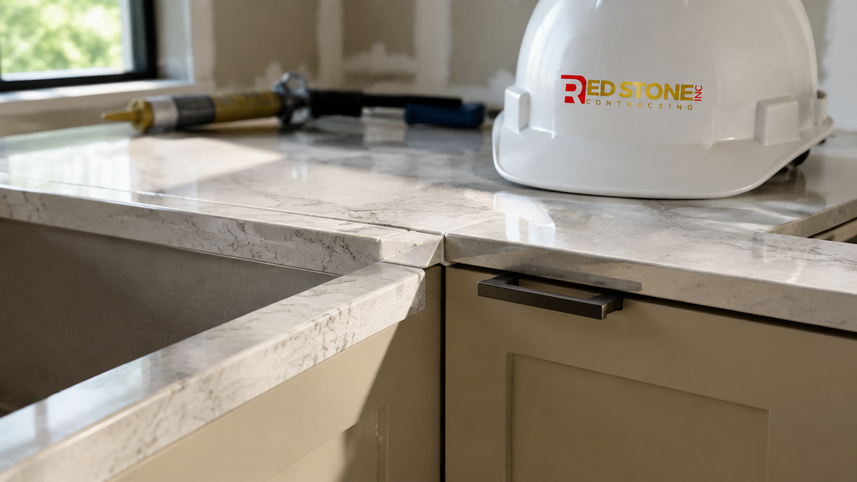 Close up of quartz countertop and cabinet detail from a kitchen renovation in Markham