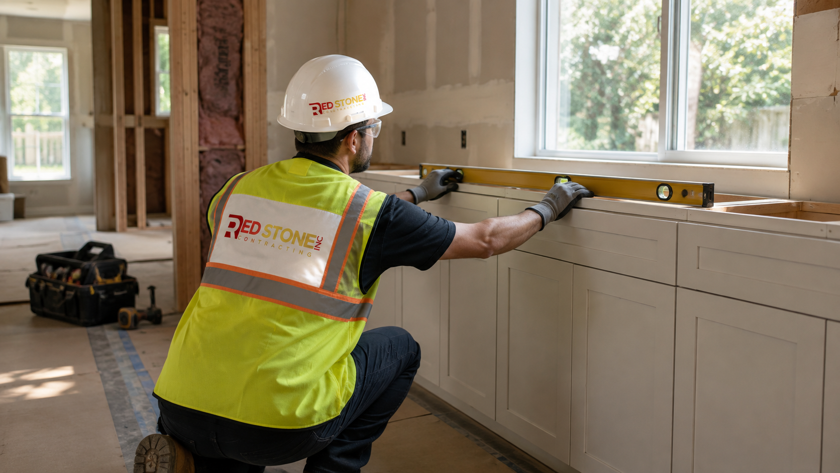 Tradesperson in safety gear installing base cabinets during a kitchen renovation in a Markham home