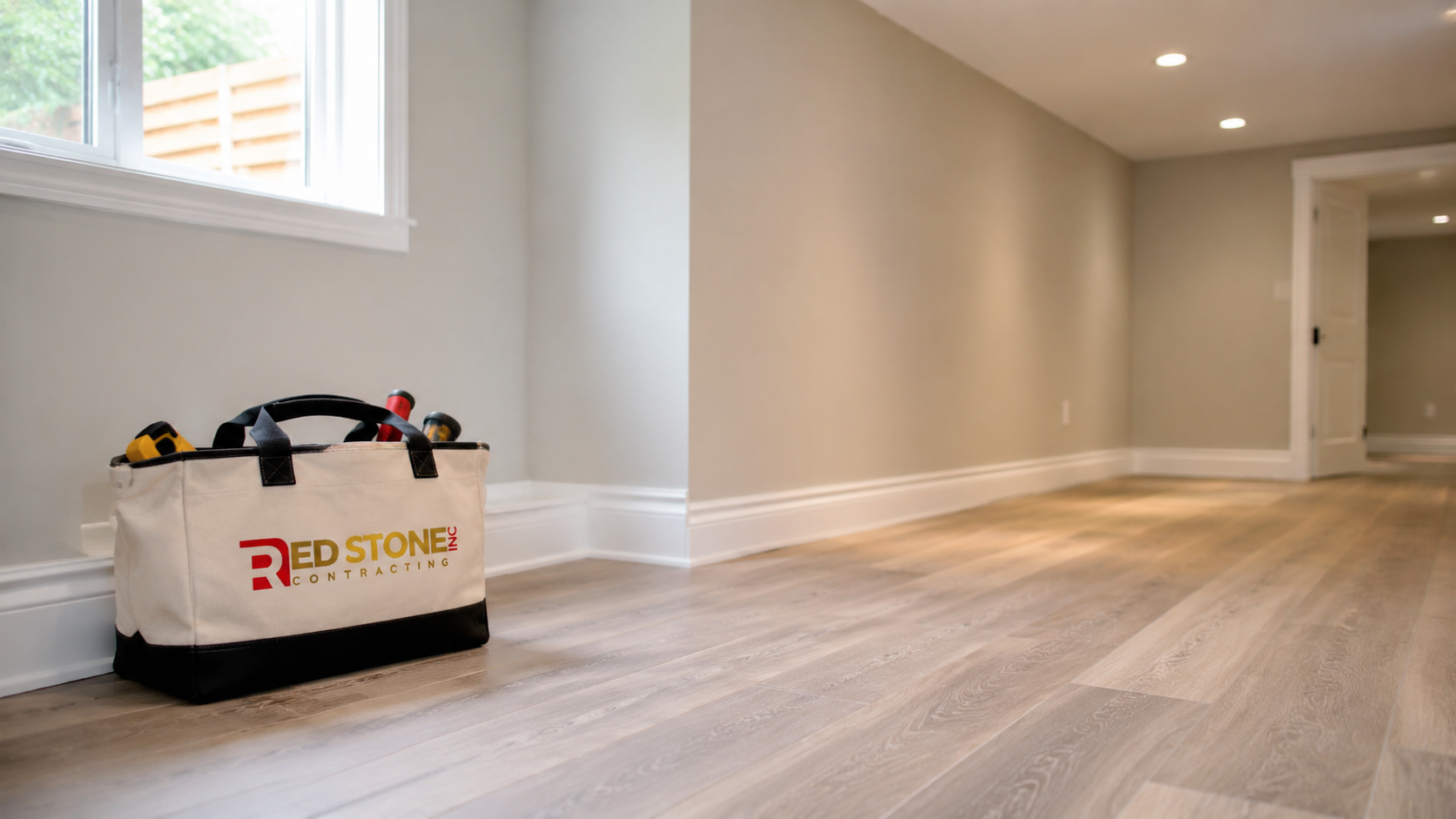 Finished lower level detail with recessed lighting and trim from a basement renovation Vaughan project