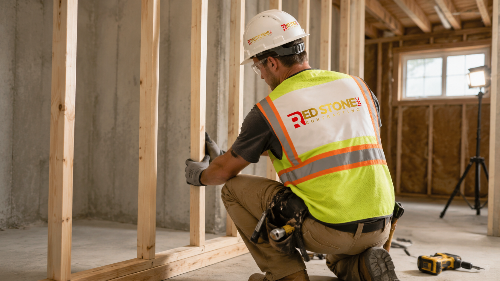 Tradesperson installing wall framing during a basement renovation Vaughan homeowners commissioned this season