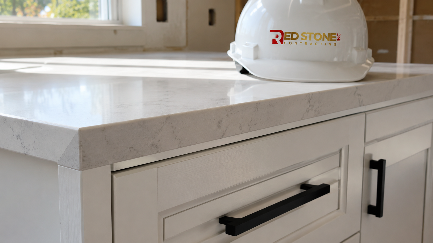 Close-up detail of quartz countertop edge and cabinet hardware from a kitchen renovation Mississauga homeowners commissioned