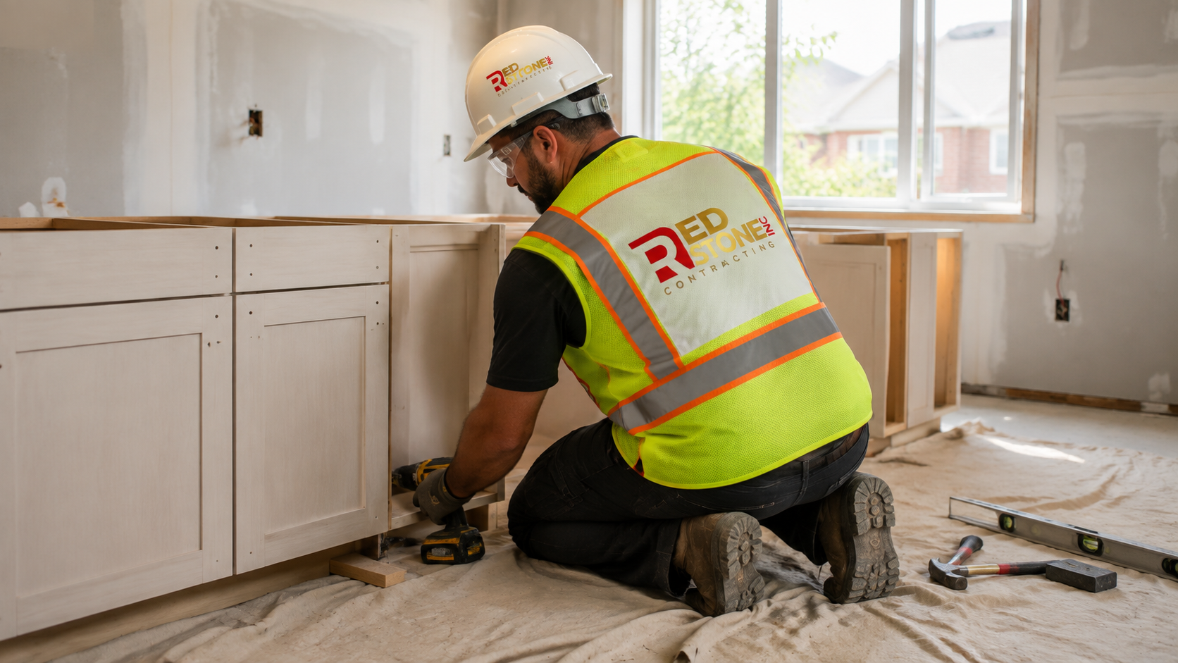 Tradesperson installing base cabinets during a kitchen renovation Mississauga project in a suburban home