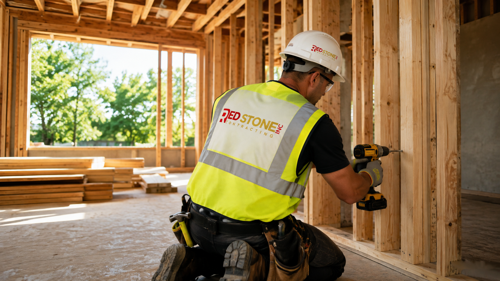 Tradesperson in safety gear framing an interior wall during a home renovation Mississauga project