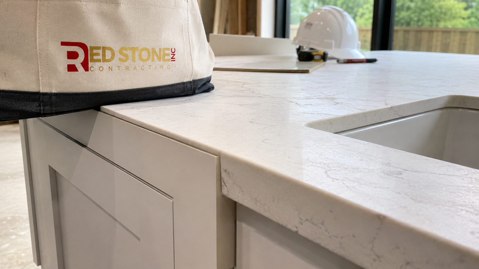 Close-up detail of quartz countertop edge and cabinet after a kitchen renovation in Brampton