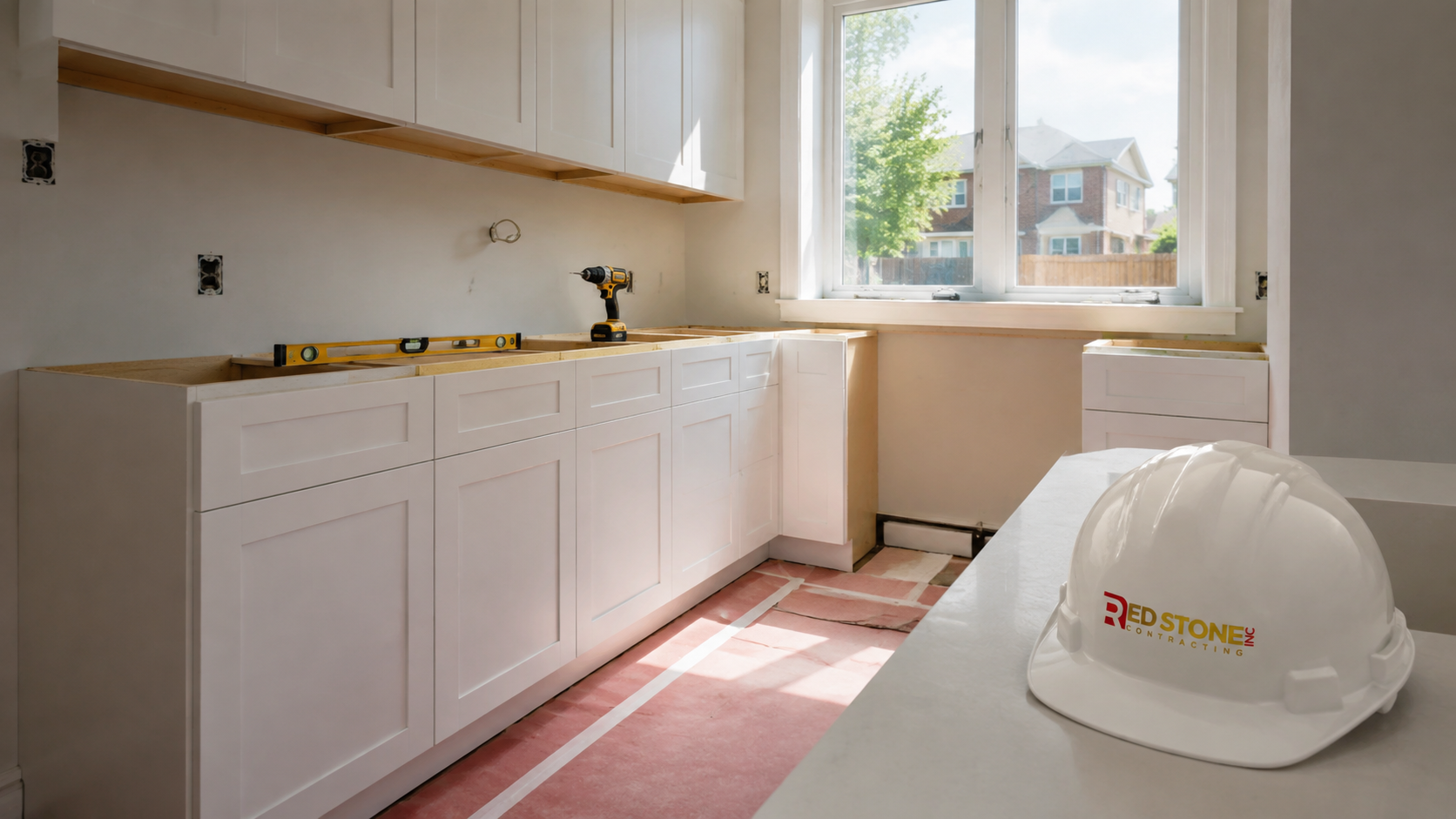 Partly completed kitchen renovation in Brampton with new shaker cabinets and protected flooring