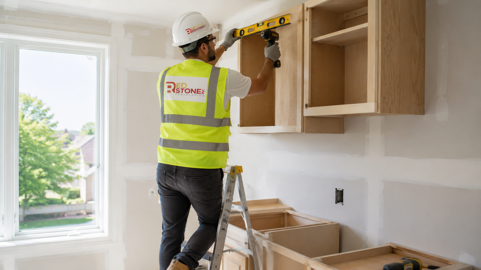 Tradesperson installing upper cabinets during a kitchen renovation in Brampton home
