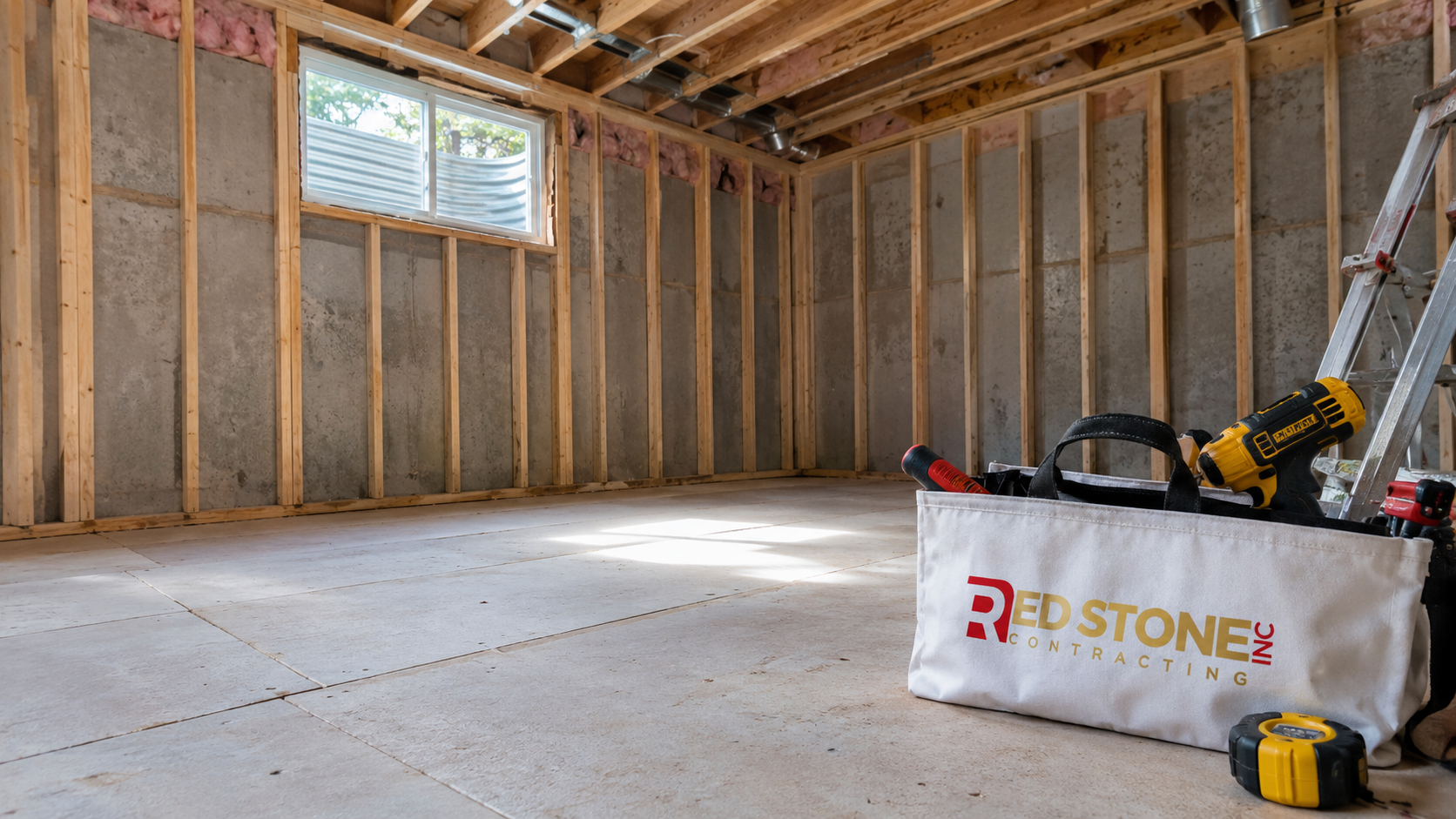 Framed lower level during a basement renovation in Mississauga with new studs and subfloor
