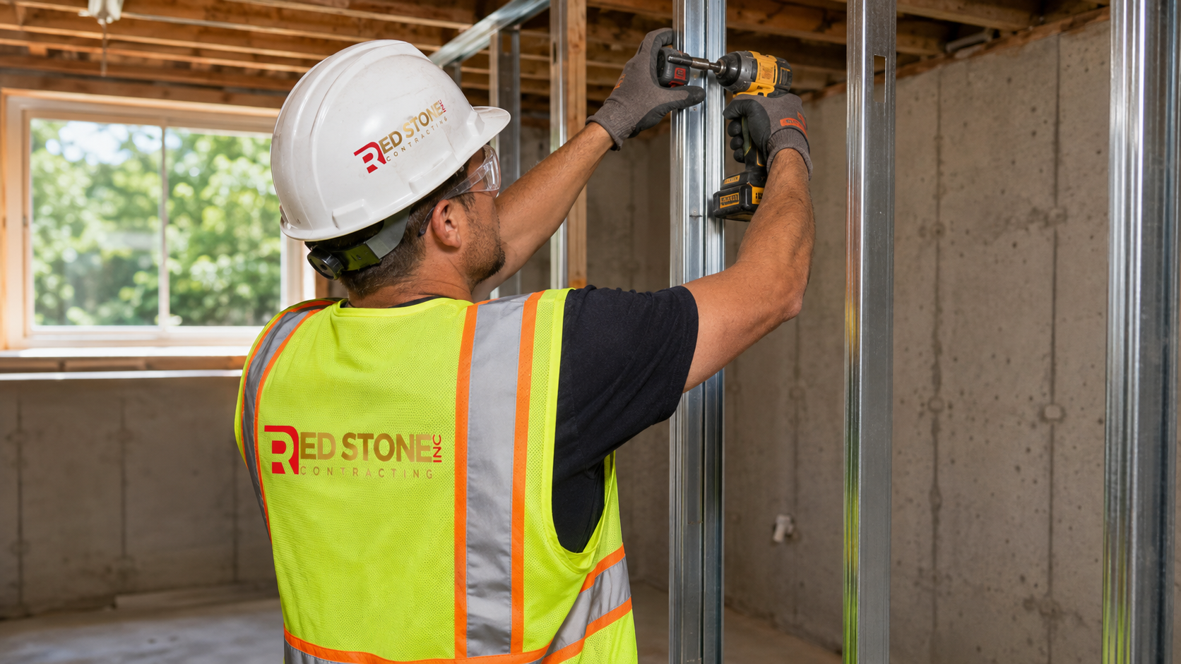 Tradesperson framing an interior wall during a basement renovation in Mississauga home