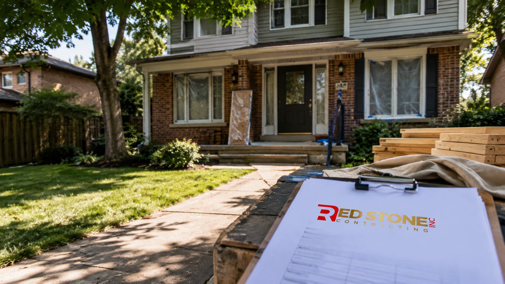 Two-storey brick suburban home in Brampton undergoing a home renovation on a summer day
