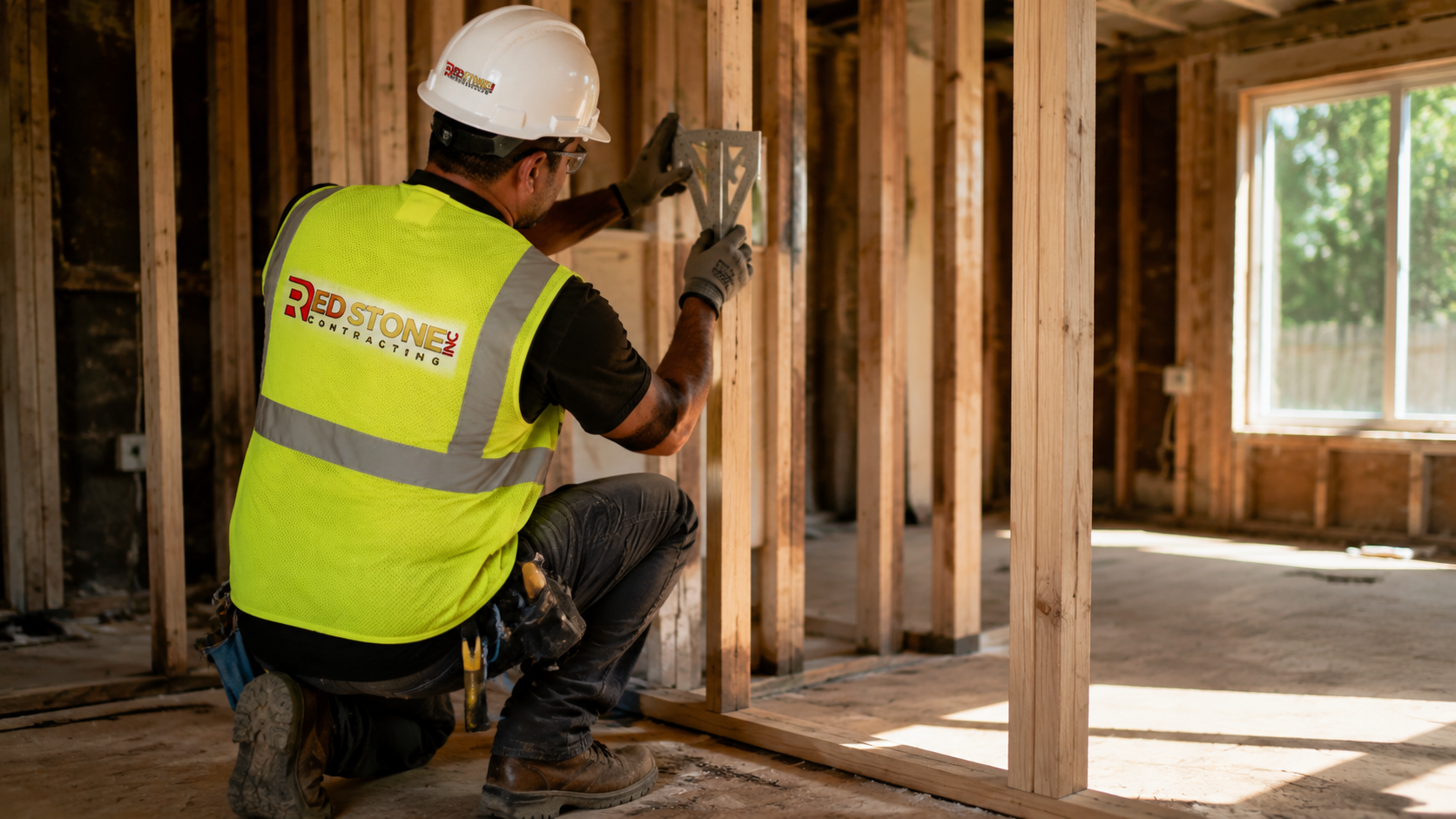 Tradesperson in safety gear framing an interior wall during a home renovation in Brampton