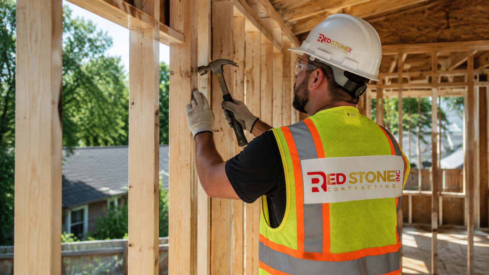 Tradesperson in safety gear framing a wall during home additions mississauga construction on a suburban house