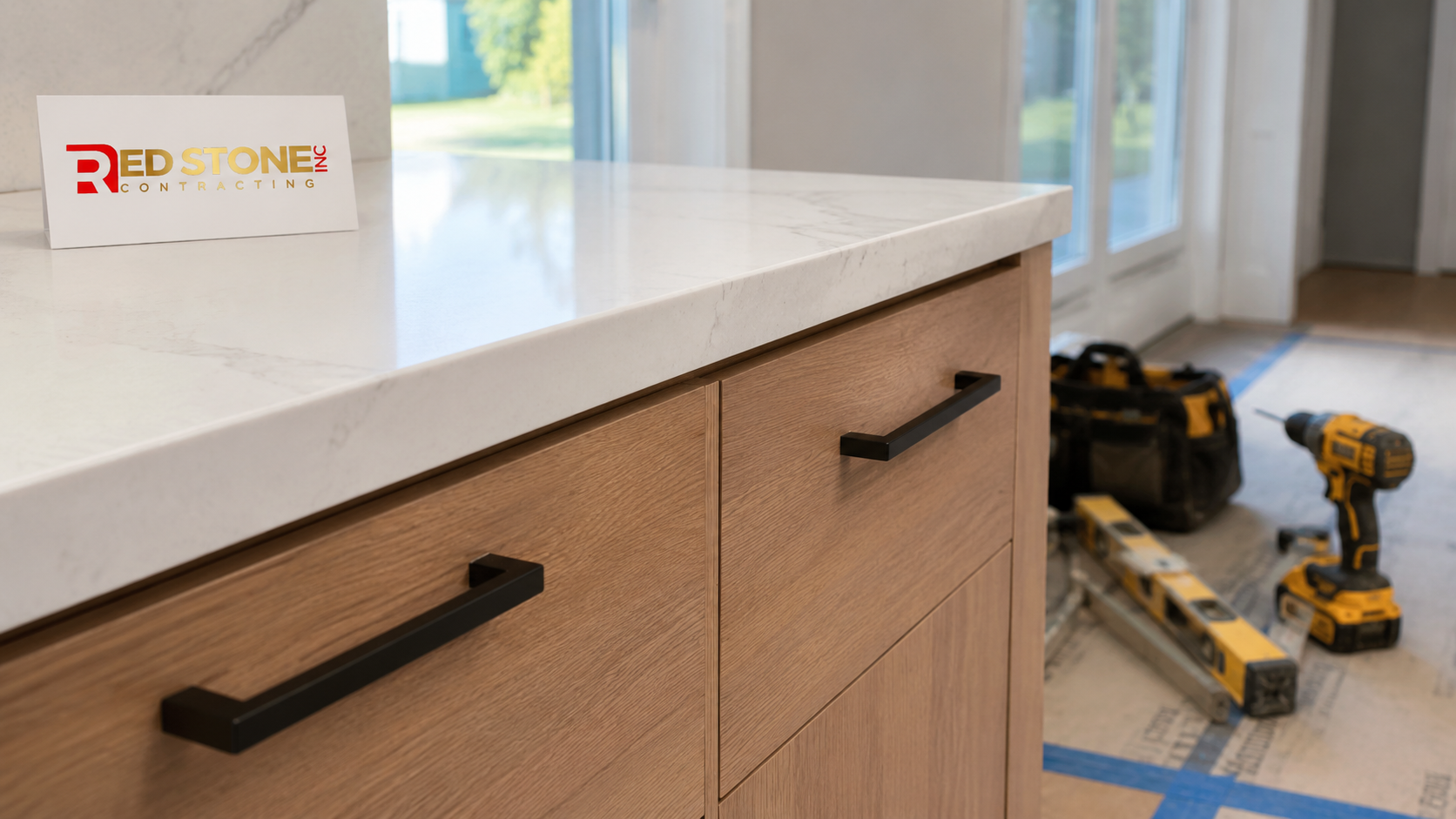 Close-up of new kitchen cabinetry and quartz counter detail from a home renovation Peel Region project