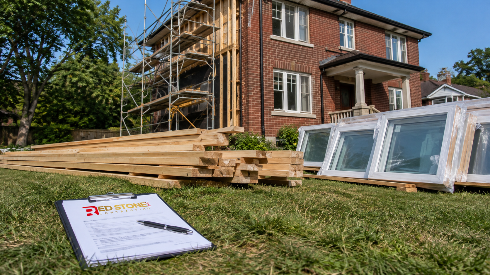 Suburban Peel Region brick home undergoing a home renovation with exterior scaffolding in summer daylight