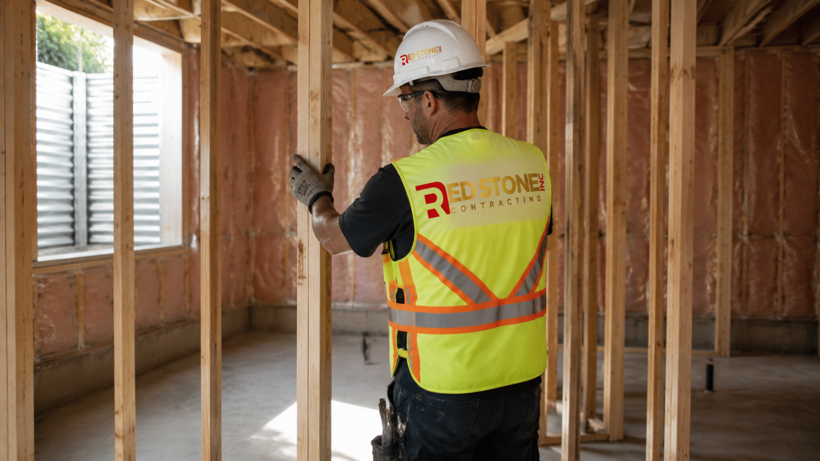 Tradesperson in safety gear framing a basement wall during a home renovation Peel Region project