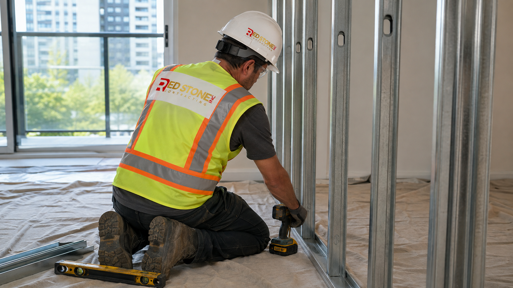 Tradesperson in safety gear working on interior framing during a condo renovation Mississauga project