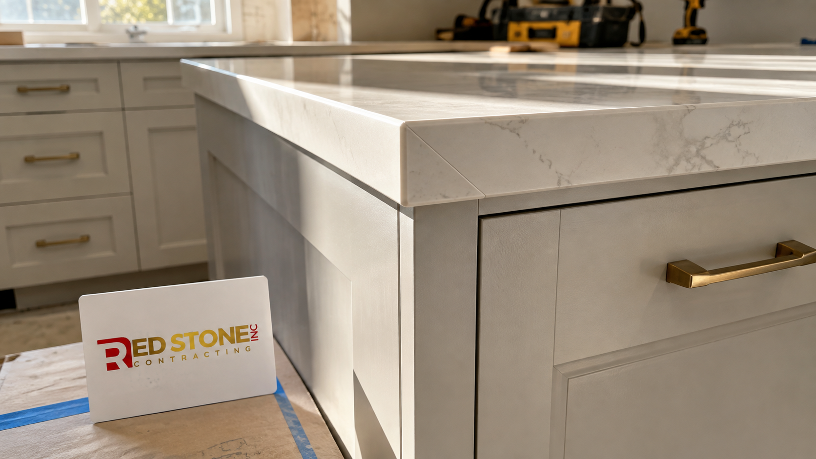 Close up of new custom kitchen cabinetry and stone counter detail from a home renovation Caledon project