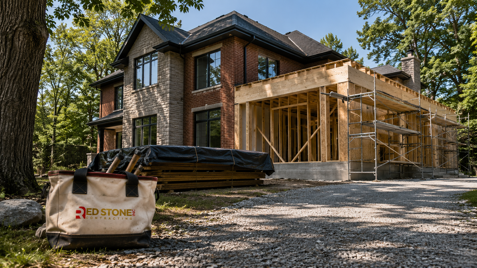 Large brick estate home on a rural Caledon lot mid home renovation Caledon project on a summer day