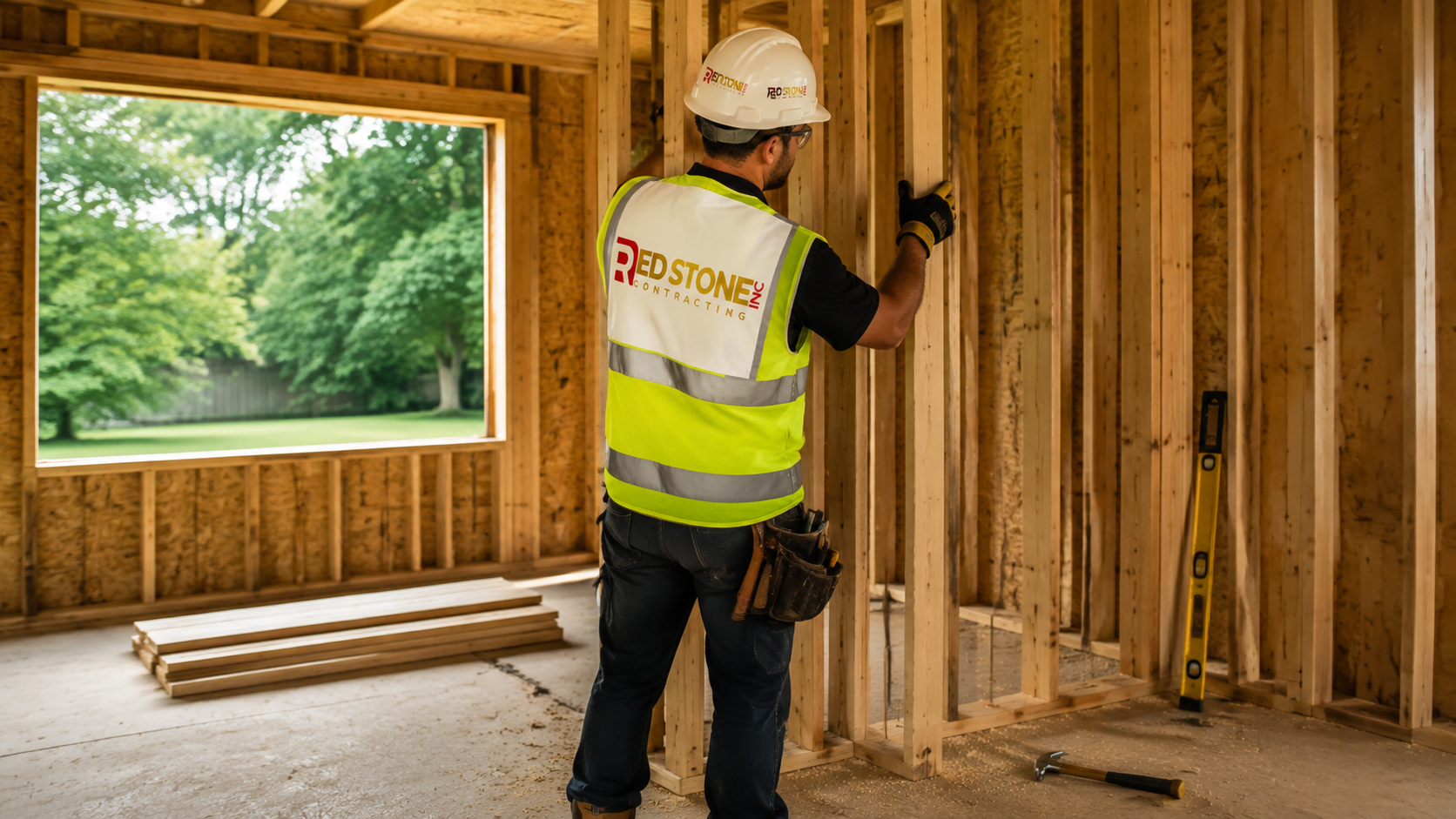Tradesperson in safety gear framing an interior wall during a home renovation Caledon rural property project