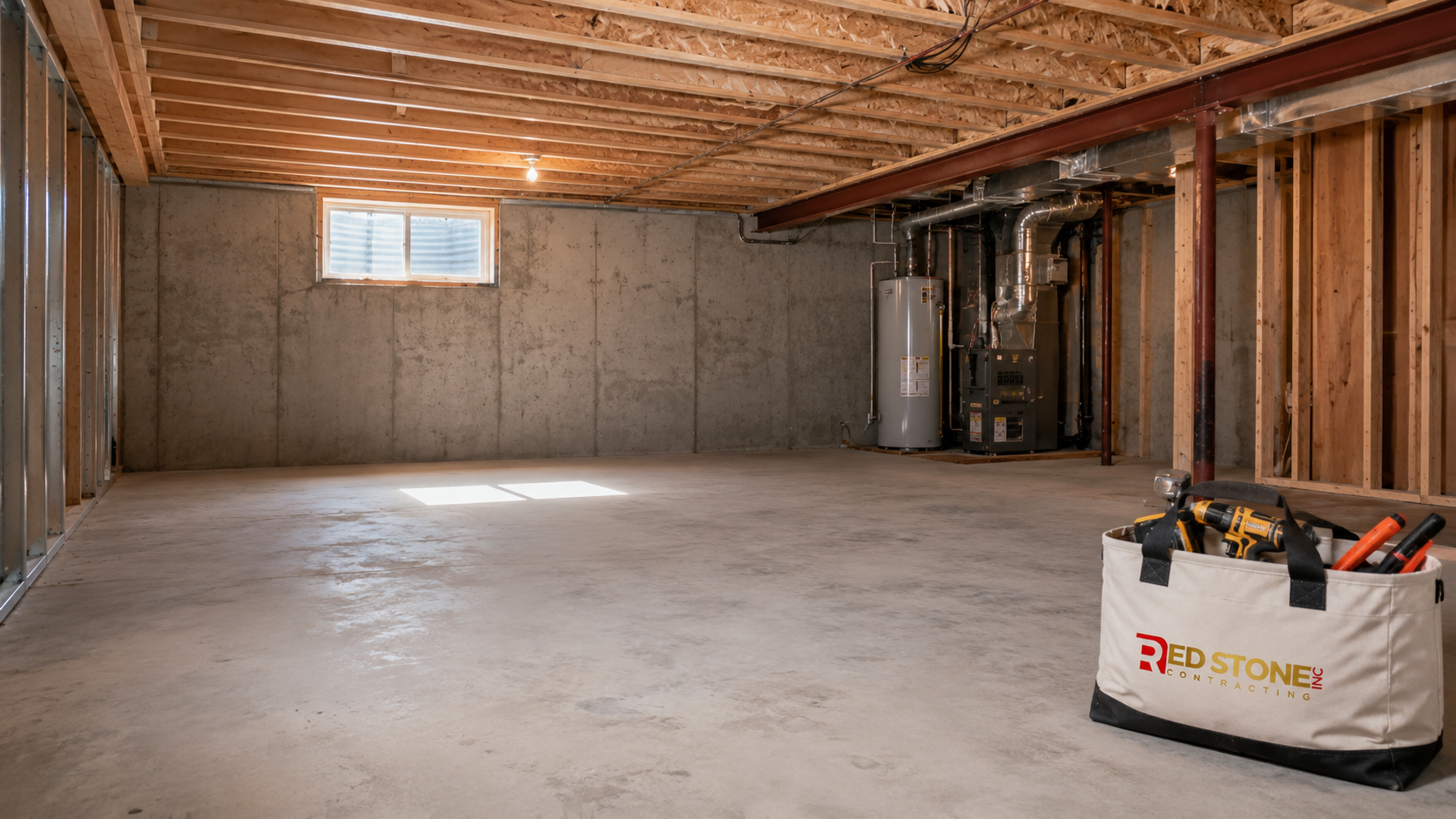 Unfinished basement prepared for a basement renovation Brampton project in a suburban home