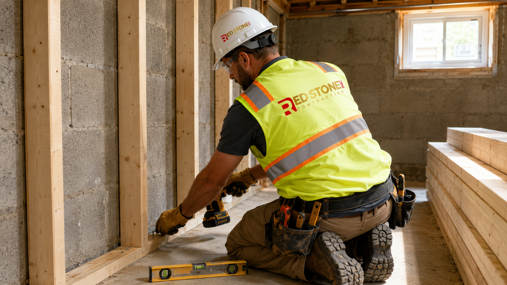 Tradesperson framing an interior wall during a basement renovation Brampton homeowners commissioned