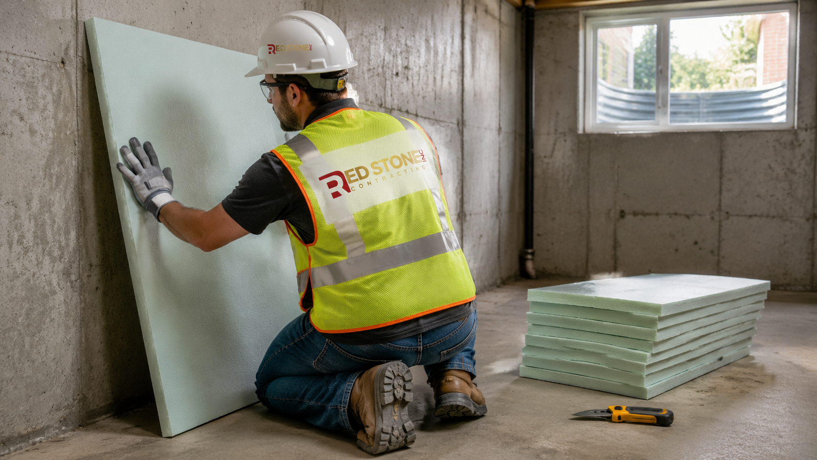 Tradesperson installing rigid foam insulation during a basement renovation Caledon project