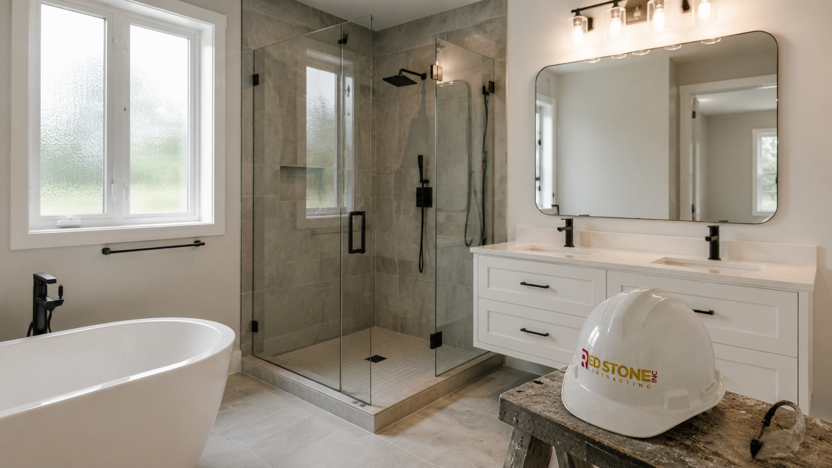 Completed bathroom renovation in Brampton with tiled walk-in shower and floating vanity