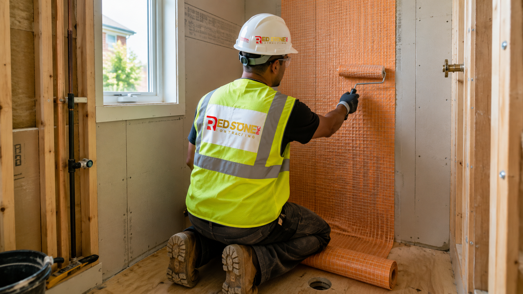 Renovation tradesperson installing shower waterproofing during a bathroom renovation in Brampton home