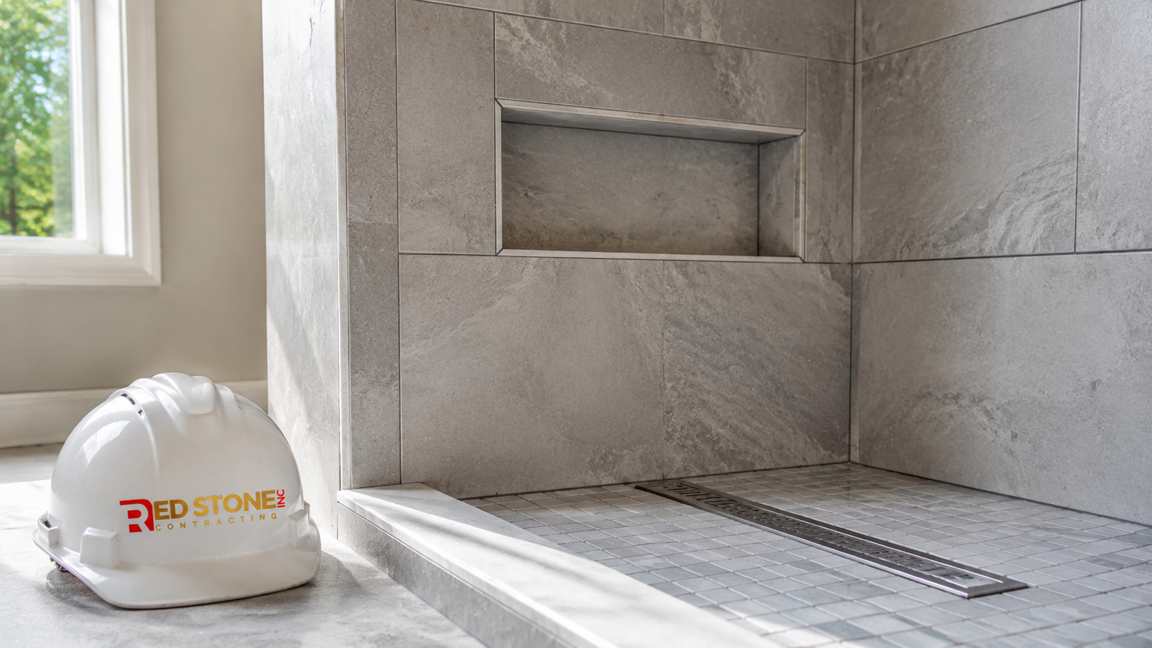 Close-up of tiled shower niche and linear drain from a bathroom renovation Ajax project