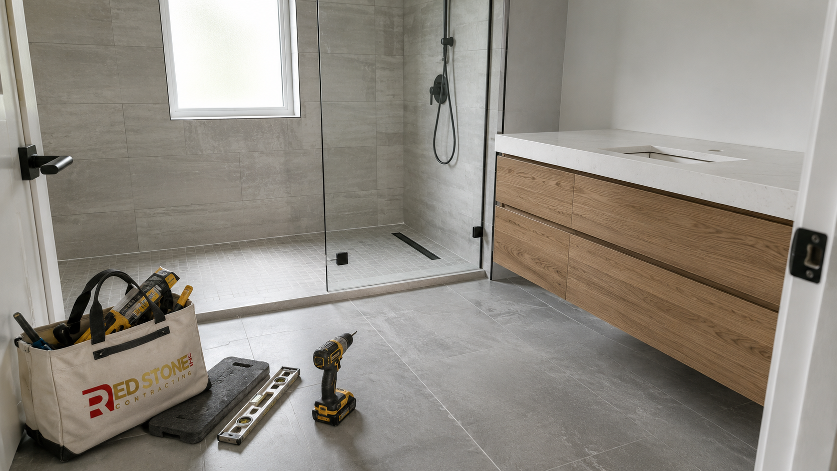 Completed bathroom renovation Ajax homeowners planned, with porcelain tile, glass shower and daylight