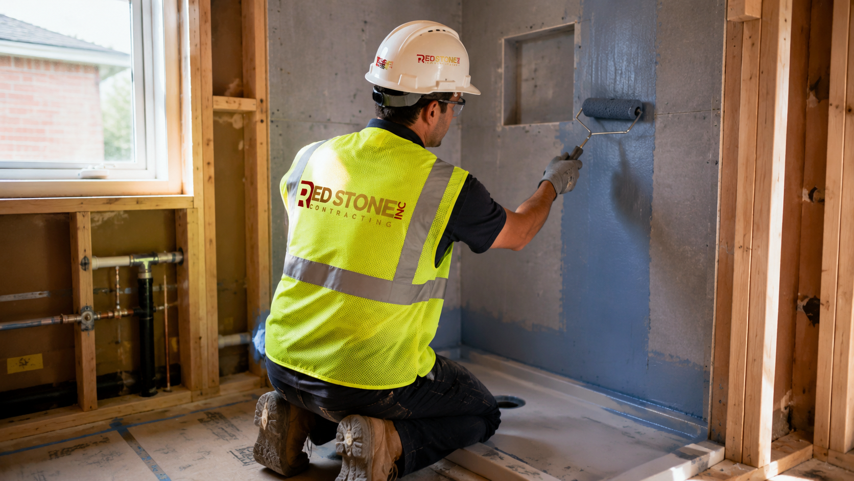 Tradesperson applying waterproofing membrane during a bathroom renovation Ajax project in summer daylight