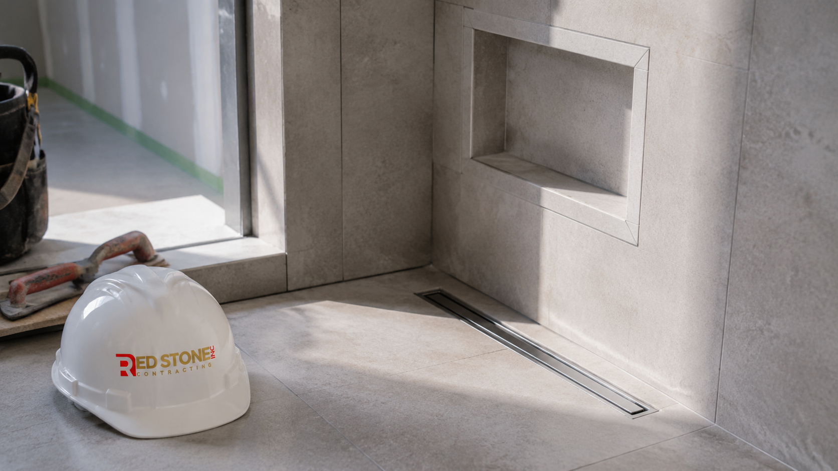 Close-up detail of tiled shower niche and linear drain from a bathroom renovation Whitby homeowners commissioned